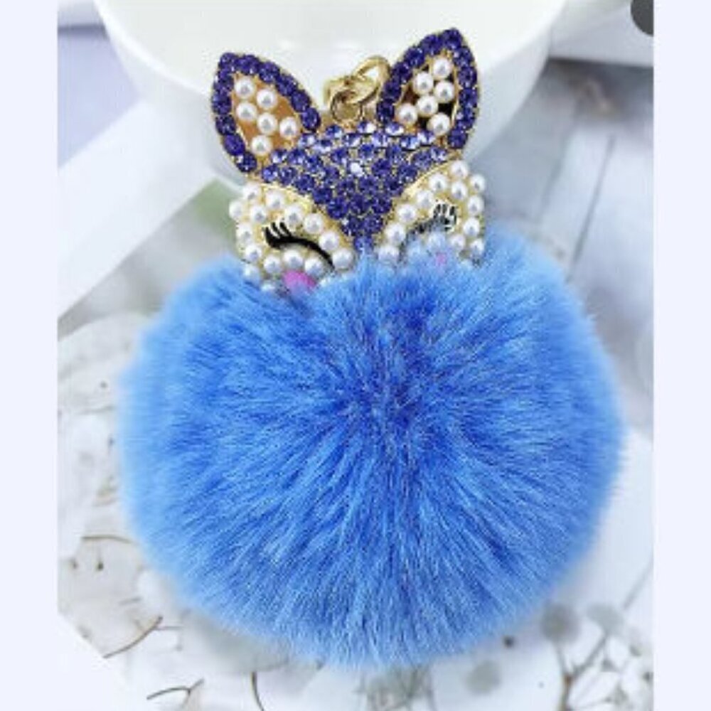 Light Blue Fox Head Jeweled Pom Pom Keychain NEW